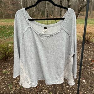 FREE PEOPLE We The Free Lace Panel Long Sleeve Tee, Gray, Size Large